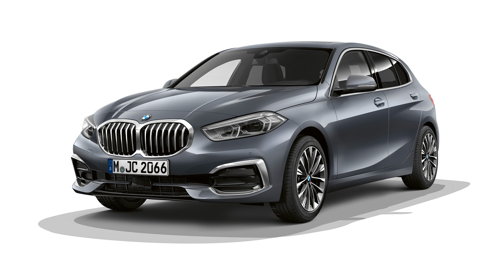 BMW 1 Series Model Luxury Line, three-quarter front. BMW 1 Series Model Luxury Line in Storm Bay metallic, studio shot three-quarter front.