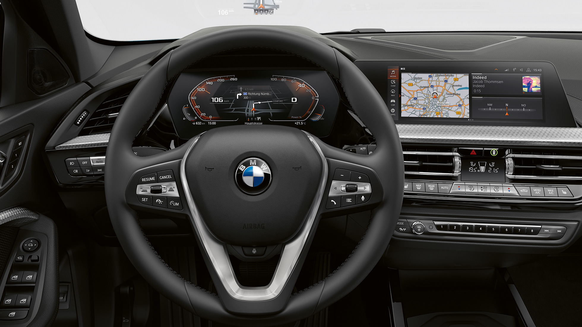 Sport leather steering wheel. BMW 1 Series Model Luxury Line, cockpit with Sport leather steering wheel.