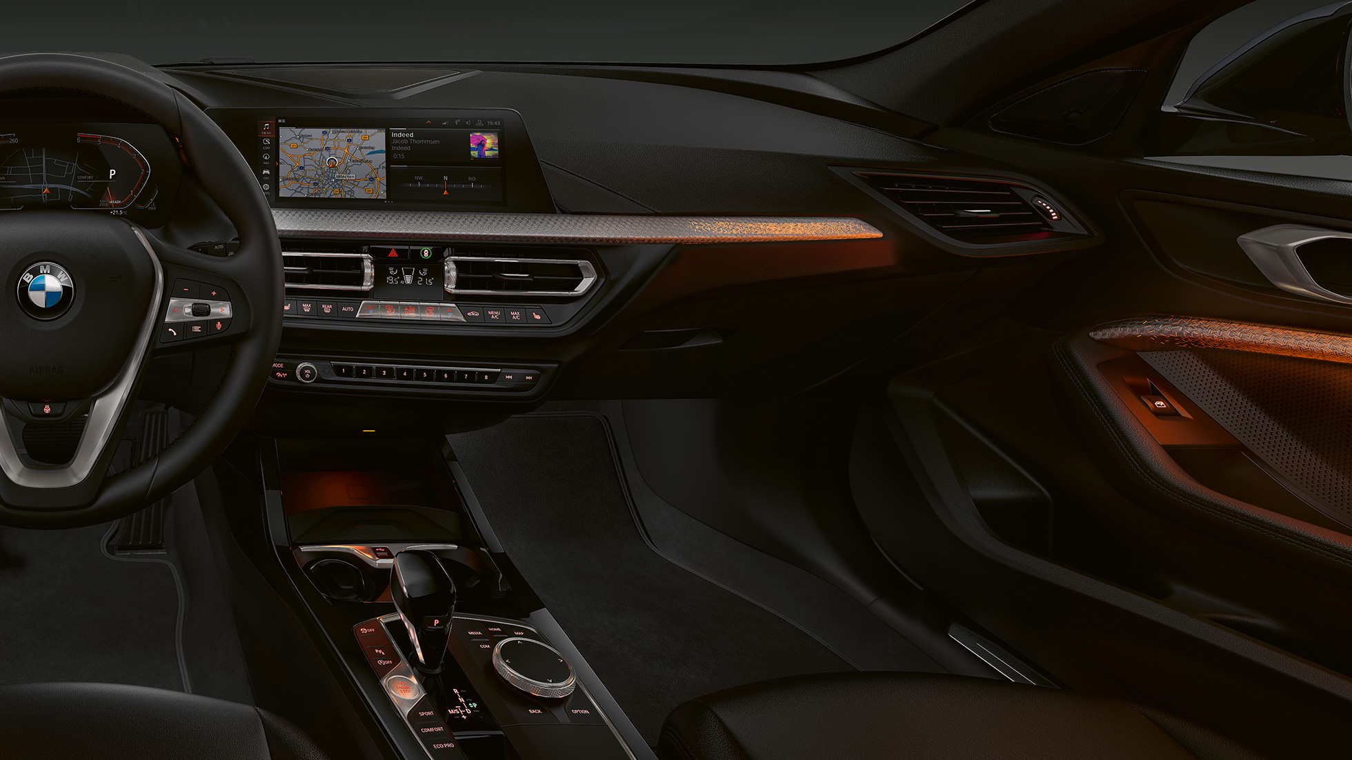Interior trim finishers 'Illuminated Nice'. BMW 1 Series Model Luxury Line, interior trim finishers 'Illuminated Nice'.