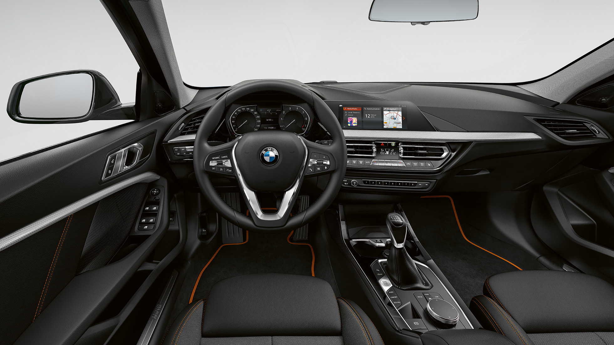 Sport leather steering wheel. BMW 1 Series Model Sport Line, cockpit with Sport leather steering wheel.