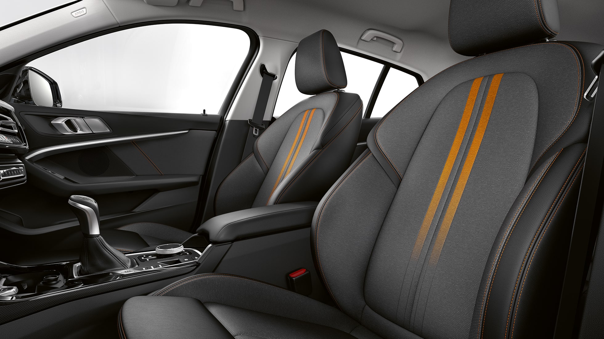 Sports seats for driver and front passenger. BMW 1 Series Model Sport Line, interior with sports seats for driver and front passenger.