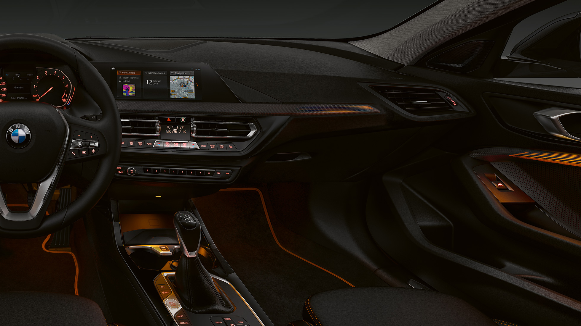 Interior trim finishers 'Illuminated Berlin'. BMW 1 Series Model Sport Line, interior trim finishers 'Illuminated Berlin'.