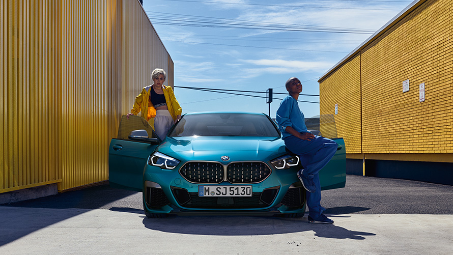 BMW 2 Series Gran Coupé Snapper Rocks Blue metallic F44 front view with open front doors