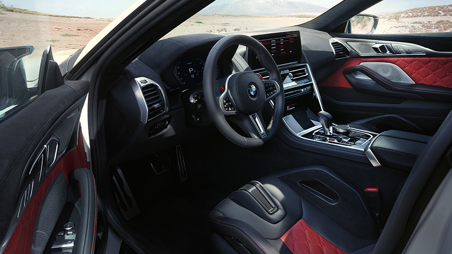 BMW M8 Competition Gran Coupé F93 LCI Facelift 2022 interior view with open door 