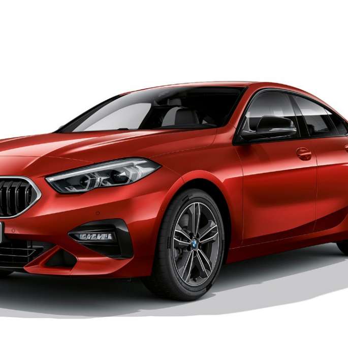 BMW kidney grille with grille frame in Chrome BMW 2 Series Gran Coupé Model Sport Line Melbourne Red F44 three-quarter side view