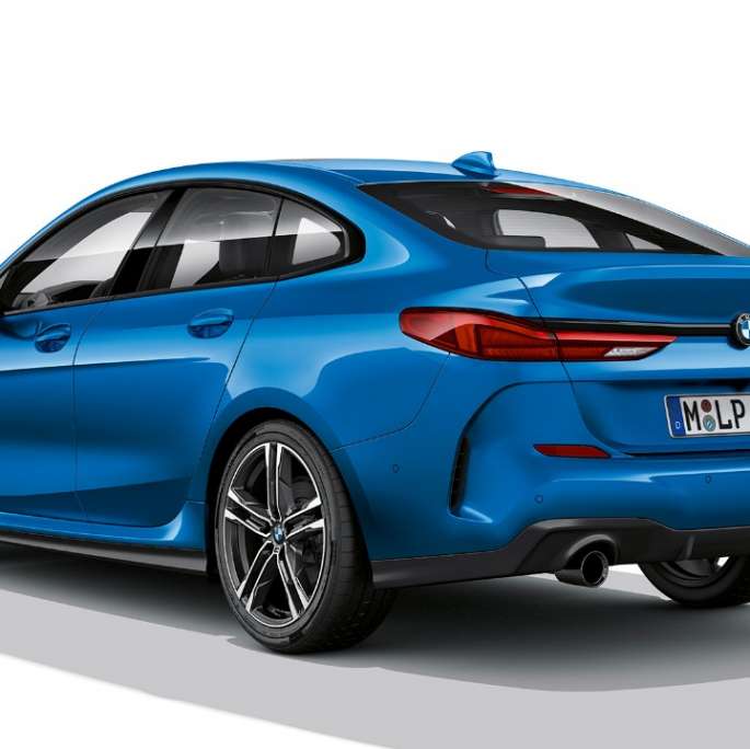 BMW Individual high-gloss Shadow Line BMW 2 Series Gran Coupé Model M Sport Misano Blue metallic F44 three-quarter side view